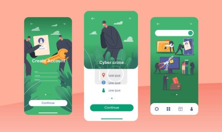Ilustración de Cyber Crime Mobile App Page Onboard Screen Template. Hackers Phishing, Stealing Private Data, Email And Credit Card. Anonymous Characters Attacking Computer Concept. Cartoon People Vector Illustration - Imagen libre de derechos