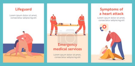 Illustration for Emergency Medical Services Cartoon Banners. Rescuers First Aid to Victims on Beach, Medics Carry Person on Stretchers, Male Character Calling to 911. People Vector Illustration, Posters - Royalty Free Image