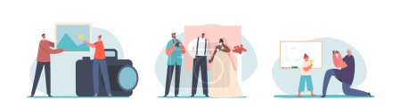 Téléchargez les illustrations : Set Photographer Male and Female Characters with Photo Camera Making Professional Pictures of Child and Wedding Ceremony. Creative Job, Hobby, Work. Cartoon Vector Illustration - en licence libre de droit