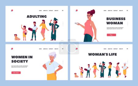 Téléchargez les illustrations : Woman Life Landing Page Template Set. Female Character Life Cycle, Different Ages Newborn Baby, Toddler Child, Teenager, Adult or Elderly Person in Row, People Generations. Cartoon Vector Illustration - en licence libre de droit