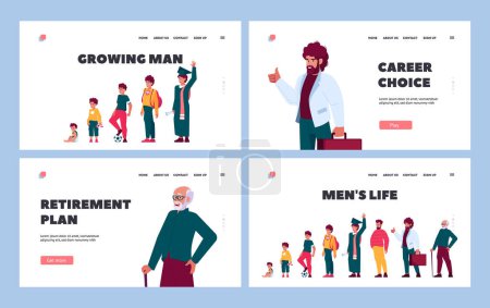 Téléchargez les illustrations : Men Life Landing Page Template Set. Stages of Man Growing, Aging Time Line. Male Character Life Cycle, Growth Baby, Toddler, Kid, Teen, Young, Adult Senior and Old Person. Cartoon Vector Illustration - en licence libre de droit