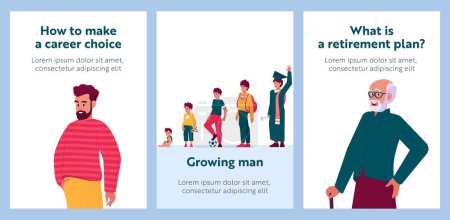 Illustration for Cartoon Banners Stages of Man Growing, Aging Time Line. How to Make Career Choice, Retirement Plan. Male Character Life Cycle, Growth, Aging Process. Posters with Happy People. Vector Illustration - Royalty Free Image