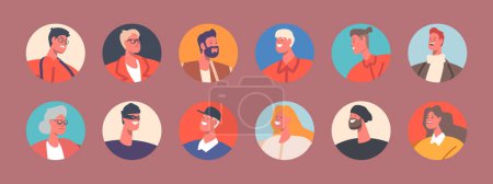 Illustration for Set of People Avatars, Teens, Senior, Young and Mature Men or Women Portraits, Isolated Round Icons. Male and Female Characters Faces for Social Media and Web Profiles. Cartoon Vector Illustration, - Royalty Free Image