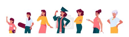 Ilustración de Female Character Stages of Growth. Woman in Different Ages Preteen Child, Teenager, Student, Adult, Mature and Elderly Person Stand in Row, Girl Life Cycle. Cartoon People Vector Illustration - Imagen libre de derechos