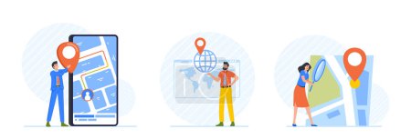 Téléchargez les illustrations : Set Geolocation Concept with Tiny Male and Female Characters Searching Route and Looking on Map Online in Smartphone Application, Web Positioning Concept. Cartoon People Vector Illustration - en licence libre de droit
