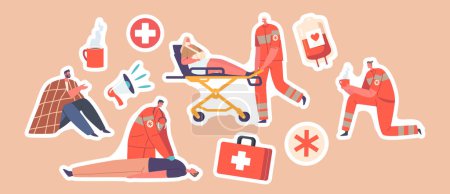 Téléchargez les illustrations : Set of Stickers Rescuers First Aid to Victims during Catastrophe or Accident. Medic Push Injured Person on Medical Bed, Male Character doing Heart Pumping Massage. Cartoon People Vector Illustration - en licence libre de droit