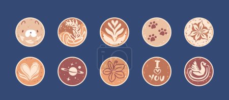 Téléchargez les illustrations : Set of Coffee Cups with Latte Art Patterns Top View. Swan, Cute Bear Face, Cat Paws, Flower, Heart and Space and I Love You Text. Cafe Bar or Coffee House Graphic Elements. Vector Illustration, Icons - en licence libre de droit