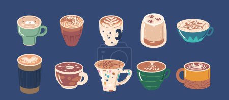 Illustration for Set of Coffee Cups with Latte Art Patterns Front View. Cute Bear Face, Cat Paws, Flower, Heart and Space, Swan and I Love You Inscription. Cafe Bar or Coffee House Graphics. Vector Illustration, Icons - Royalty Free Image