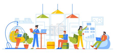 Illustration for Coworkers Work Together in Coworking Area. Group of Freelancer Characters with Graphs, Charts on Board and Gadget Doing Project Presentation, Relax on Beanbag Chair. Cartoon People Vector Illustration - Royalty Free Image