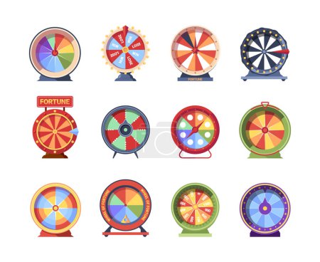 Téléchargez les illustrations : Set of Cartoon Fortune Wheels, Equipment for Lottery Raffle and Gambling Games. Colorful Roulette with Numbers and Lights, Risky Attraction Isolated on White Background. Vector Illustration, Icons - en licence libre de droit