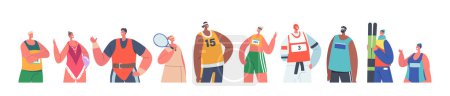 Téléchargez les illustrations : Athletes Male and Female Characters Stand in Row. Isolated People Runner, Tennis or Basketball Player, Skier, Weightlifter, Swimmer and Gymnast Wear Uniform Posing. Cartoon Vector Illustration - en licence libre de droit