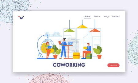 Illustration for Coworking Area Landing Page Template. Freelancers Develop Project in Coworker Center. People Work Together in Business Center, Characters Doing Presentation, Communicate. Cartoon Vector Illustration - Royalty Free Image