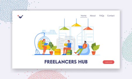 Illustration for Freelancers Hub Landing Page Template. Creative Team Characters Develop Project Together in Coworking Area. Designers or Programmers Meeting, Office Teamwork. Cartoon People Vector Illustration - Royalty Free Image