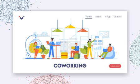 Téléchargez les illustrations : Coworking Landing Page Template. Coworkers Work Together in Coworking Area. Group of Freelancer Characters with Gadgets Doing Project, Relax on Beanbag Chair. Cartoon People Vector Illustration - en licence libre de droit