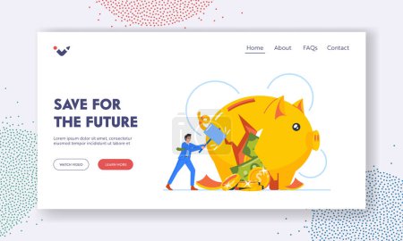 Illustration for Savings for Future Landing Page Template. Business Man Character Hitting Piggy Bank with Hammer. Financial Recession, Low Income, Crisis. Money Loss, Bankruptcy. Cartoon People Vector Illustration - Royalty Free Image