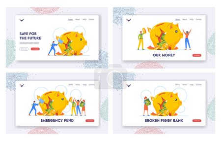 Illustration for Broken Piggy Bank Landing Page Template Set. Finance Problems, Money Loss, Investment Crisis, Financial Bankruptcy, Low Income, Debt Concept with Tiny Female Business Character. Vector Illustration - Royalty Free Image
