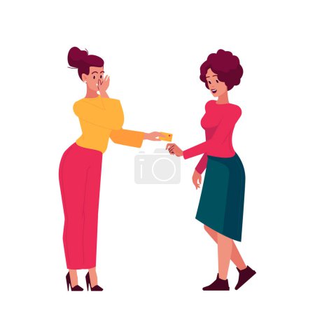 Téléchargez les illustrations : Girl Friend Gives Credit Card To Girlfriend. Women Characters in Friendly Relations, Friendship, Support, Help, Mutual Assistance, Relationship Concept. Cartoon People Vector Illustration - en licence libre de droit