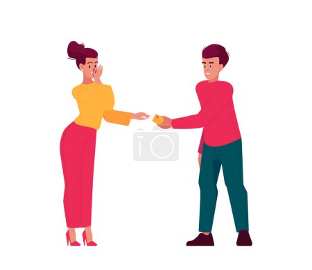 Illustration for Man Paying Money To Woman. Husband or Friend Gives Credit Card To Cheerful Wife or Girlfriend. Characters Relations, Friendship or Lovers Relationship. Cartoon People Vector Illustration - Royalty Free Image