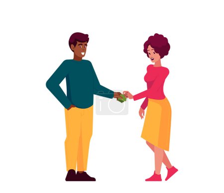 Téléchargez les illustrations : Financial Help, Gift, Debt Concept. Man Giving Banknotes to Woman with Stretched Hand. Female Character Taking Loan, Borrowing Money From Friend or Husband. Cartoon People Vector Illustration - en licence libre de droit