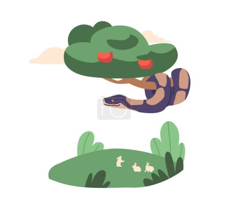Ilustración de Evil Serpent on Forbidden Tree. Biblical Story Of Adam And Eve Lapse From Virtue. Lucifer In The Guise of Snake In Paradise Garden. Religious Series for from Bible Book. Cartoon Vector Illustration - Imagen libre de derechos