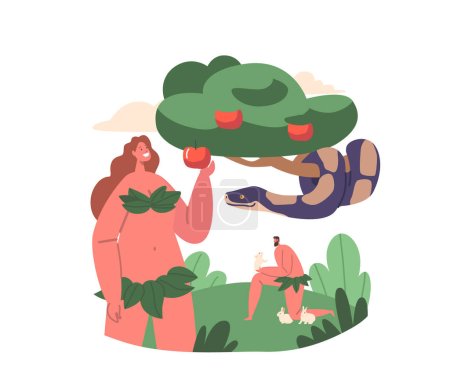 Ilustración de Biblical Story Of Adam and Eve Lapse From Virtue. Evil Serpent Deceive and Tempt Eve Into Eating Fruit From Forbidden Tree. Snake On Apple Tree and Adam in Paradise Garden. Cartoon Vector Illustration - Imagen libre de derechos