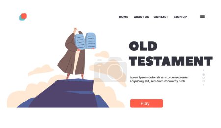 Ilustración de Old Testament Biblical Stories Landing Page Template. Moses Stand On Mountain With Ten Commandments. Prophet Moses Character Demonstrate To People Of Israel Stone Tablets. Cartoon Vector Illustration - Imagen libre de derechos