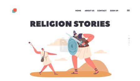 Illustration for Religion Stories Landing Page Template. Biblical Story Of David And Goliath who Described In Book Of Samuel As A Philistine Giant Defeated By The Young David. Cartoon People Vector Illustration - Royalty Free Image
