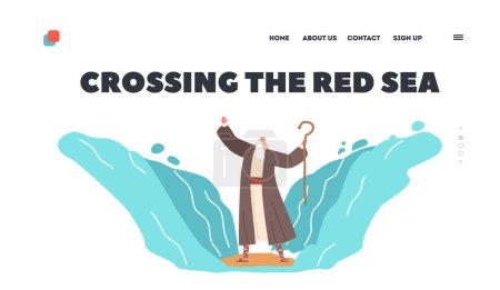 Crossing the Red Sea Biblical Story Landing Page Template. Religion Series of Moses Exodus Route. Moses Held Out His Staff And The Red Sea Was Parted By God. Cartoon Vector Illustration