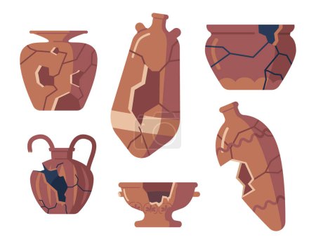 Illustration for Set of Old Broken Pottery, Jugs, Vases, Pitchers with Cracks. Antique Archaeological Artifacts, Roman or Greek Crockery with Ornament, Isolated Decorative Clay Vases. Cartoon Vector Illustration - Royalty Free Image