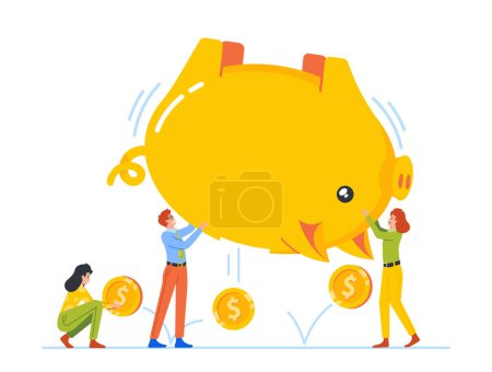 Téléchargez les illustrations : Tiny Male and Female Characters Shaking Huge Piggy Bank and Pick Up Falling Coins. Concept of Savings, Finance, People Collecting Money, Taking Cash from Pig Moneybox. Cartoon Vector Illustration - en licence libre de droit