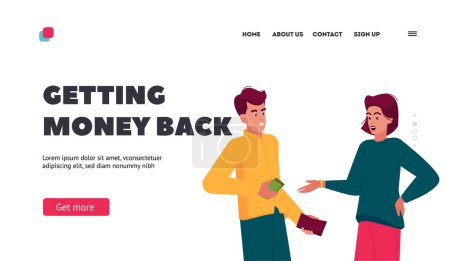 Illustration for Getting Money Back Landing Page Template. Male and Female Characters Finance Relations. Dissatisfied Husband Gives Salary To His Wife. Man with Unhappy Grumpy Face. Cartoon People Vector Illustration - Royalty Free Image