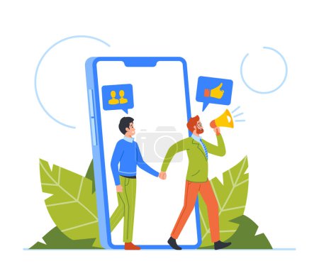 Ilustración de Refer a Friend Concept with Male Character Leading Customer from Huge Smartphone Screen. Referral Program, Marketing Business Strategy, Promotion and Recommend. Cartoon People Vector Illustration - Imagen libre de derechos