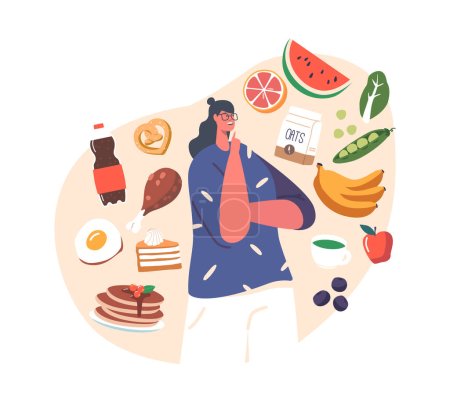 Illustration for Woman Eating Priorities, Food Choice Concept with Female Characters Choose between Healthy and Unhealthy Meals. Girl surrounded with Different Food. Cartoon People Vector Illustration - Royalty Free Image