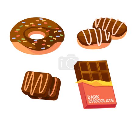 Illustration for Set of Cartoon Sweets, Chocolate Bar, Donut, Sweets and Desserts. Isolated Sweet Confectionery Food on White Background. Tasty Meals, Pastry and Confection Elements. Vector Illustration - Royalty Free Image