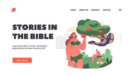 Téléchargez les illustrations : Biblical Story Landing Page Template. Adam and Eve Lapse From Virtue. Evil Serpent Deceive and Tempt Eve Into Eating Fruit From Forbidden Tree. Snake On Apple Tree. Cartoon Vector Illustration - en licence libre de droit