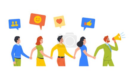 Illustration for Group of People Holding Hands Following Character Shouting to Megaphone. Referral Program, Refer Friends Business Concept. Persons Connected with Relationship Network. Cartoon Vector Illustration - Royalty Free Image