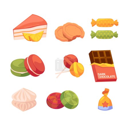 Téléchargez les illustrations : Set of Cartoon Sweets and Desserts. Slice of Cake, Cookie, Chocolate and Caramel. Macaroon, Lollipop, Choco Bar and Meringue Isolated on White Background. Sweet Confectionery Food. Vector Illustration - en licence libre de droit