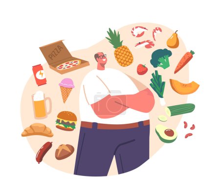 Ilustración de Food Choice Concept with Fat Overweight Male Characters Choose between Healthy and Unhealthy Meals. Man Choose Fastfood or Healthy Nutrients for Eating. Cartoon People Vector Illustration - Imagen libre de derechos