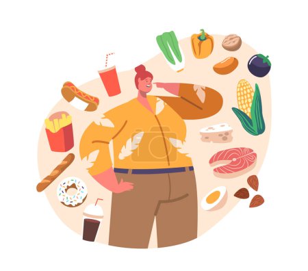 Illustration for Fat Female Character Choose between Healthy and Unhealthy Meals. Food Choice Concept with Overweight Thoughtful Woman Thinking of her Eating Priorities. Cartoon People Vector Illustration - Royalty Free Image