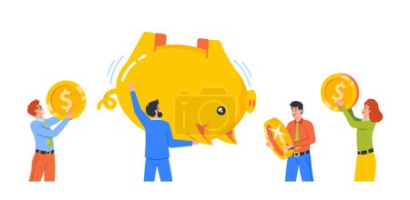 Ilustración de Tiny Male and Female Characters Shaking Huge Piggy Bank, Concept of Poverty, Savings, Budget, Finance Investment. People Collecting Money or Taking Cash from Moneybox. Cartoon Vector Illustration - Imagen libre de derechos