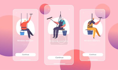 Illustration for Window Washers Mobile App Page Onboard Screen Template. Characters in Uniform Hang on Ropes with Equipment Cleaning Building Glasses. Cleaners Service Concept. Cartoon People Vector Illustration - Royalty Free Image
