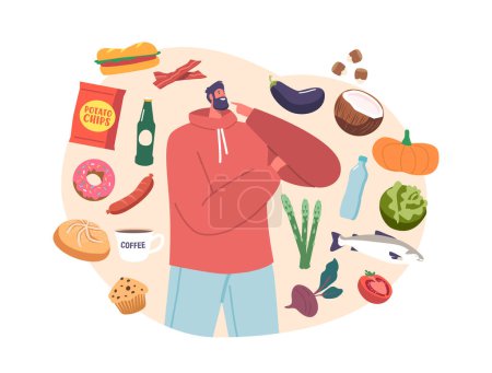 Illustration for Man Eating Priorities, Food Choice Concept with Male Character Choose between Healthy and Unhealthy Meals Fastfood, Alcohol or Vegetable and Seafood. Cartoon People Vector Illustration - Royalty Free Image
