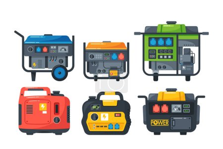 Illustration for Set of Portable Diesel Power Generators. Energy Generating Backup Equipment And Electricity Voltage Source Alternator Machines Collection. Isolated On White Background Cartoon Vector Illustration - Royalty Free Image