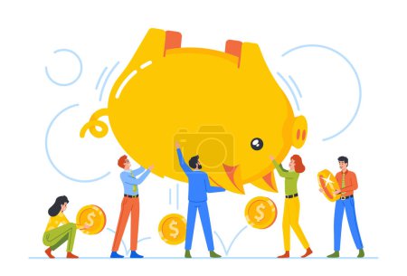 Illustration for Tiny Male and Female Characters Shaking Huge Piggy Bank, Concept of Poverty, Savings, Budget, Finance Investment. People Collecting Money or Taking Cash from Moneybox. Cartoon Vector Illustration - Royalty Free Image
