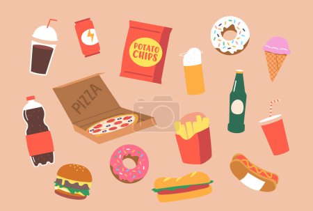 Téléchargez les illustrations : Set of Fat Unhealthy Food. Cola, Chips, Donut and Ice Cream, Pizza, Burger and French Fries. Hot Dog, Beer, Soda or Coffee Isolated Icons. Fast Food, Junk Meals Collection. Cartoon Vector Illustration - en licence libre de droit