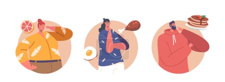 Ilustración de Food Choice Isolated Round Icons or Avatars. Male and Female Characters Choose between Different Meals. Man or Woman Products Eating Priorities Graphic Elements. Cartoon People Vector Illustration - Imagen libre de derechos