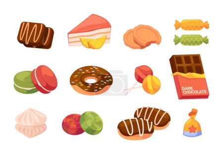 Téléchargez les illustrations : Set of Cartoon Sweets, Chocolate and Caramel. Isolated Confectionery Products, Sweet Candies, Toffee, Macaroons and Meringues, Slice of Cake and Cookies on White Background. Vector Illustration - en licence libre de droit