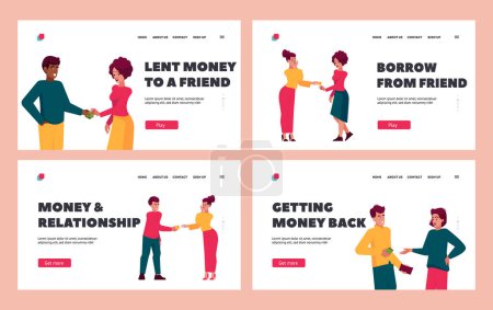 Illustration for People Take Money Landing Page Template Set. Friends Financial Help. Female Characters Borrow Money from Husband. Couple Relations, Girls Friendship. Cartoon People Vector Illustration - Royalty Free Image