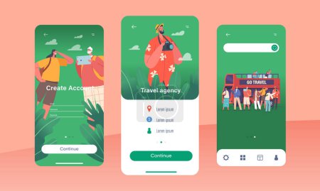 Téléchargez les illustrations : Travel Agency Mobile App Page Onboard Screen Template. Characters Buying Tour for Going on Holiday Vacation around World, Tourism, Tour Operator Services Concept. Cartoon People Vector Illustration - en licence libre de droit