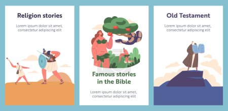 Téléchargez les illustrations : Bible Narratives and Stories Cartoon Banners With Legendary Characters Scenes. Eva and Snake, David And Goliath, Moses and God Tablets with Old Testament. Famous Religion Legends. Vector Posters - en licence libre de droit